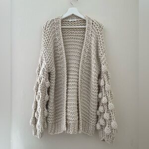 Amaryllis Chunky Cable Knit Open Cardigan Sweater Cream Pom Poms Size Small